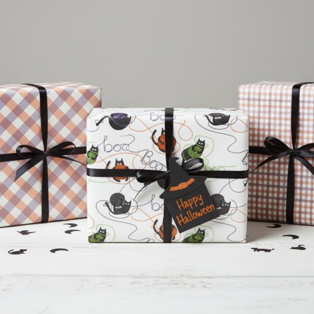 Cute Boo-tifully Tangled Kittens Halloween Wrapping Paper Sheet (Black Kitten Wrapping Paper for Kids Halloween October Birthday Party. Cat with Orange, Purple Yarn)