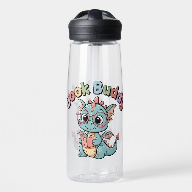 Cute Book Buddy Reading Dragon Water Bottle (Front)