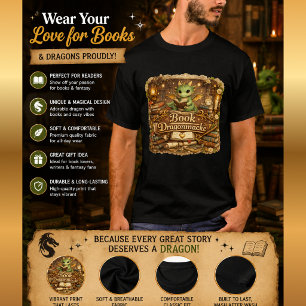 Cute Book Dragon Fantasy T-Shirt Bookworm Dragon