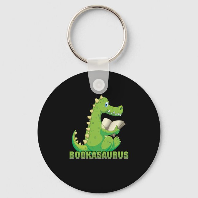 Cute Book Lover Bookworm Bookish Dinosaur Bookasau Key Ring (Front)