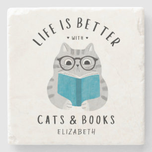 Cute Book Lover Cat Reading Book Custom Stone Coaster