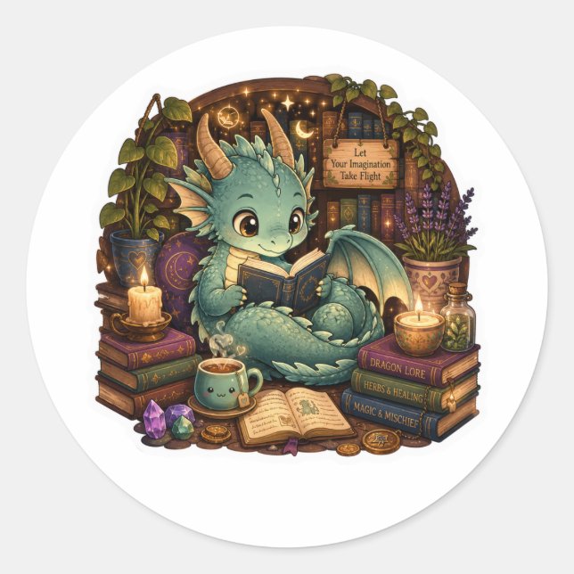 Cute Book Lover Dragon Sticker (Front)