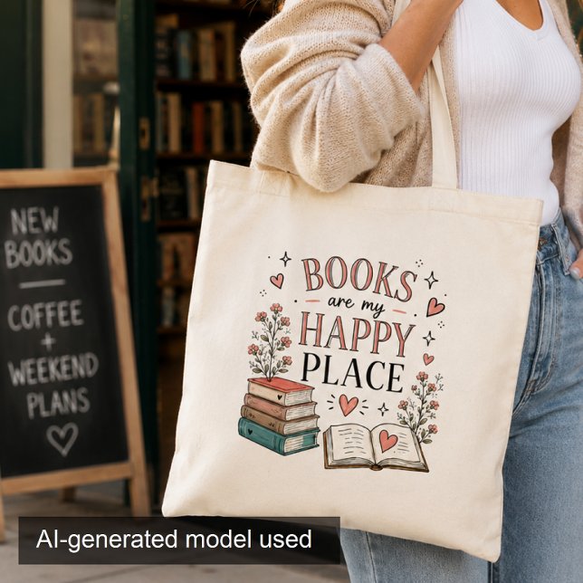 Cute Book Lover Happy Place Reader Tote Bag (Creator Uploaded)