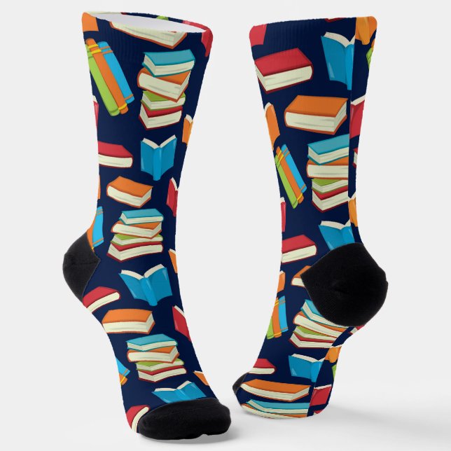 Cute Book Lover Pattern Navy Blue Librarian Socks (Angled)