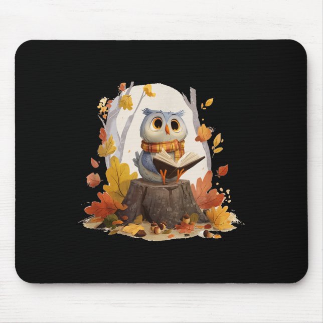 Cute Book Loving Owl In Fall Forest Costume  Mouse Pad (Front)