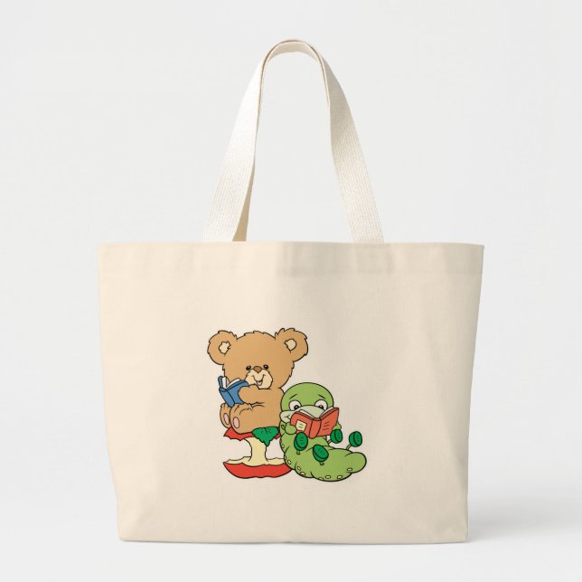 Cute Book Worm and Reading Bear Large Tote Bag (Front)