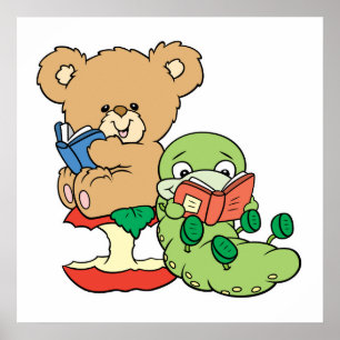 Cute Book Worm and Reading Bear Poster