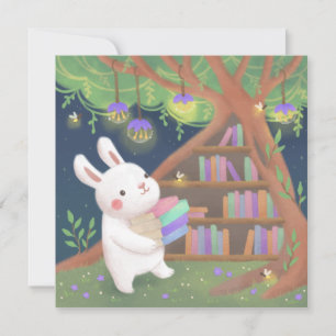 Cute Bookaholic Bunny Illustration Holiday Card