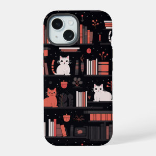 Cute Bookish Cats Books Pink iPhone 15 Case