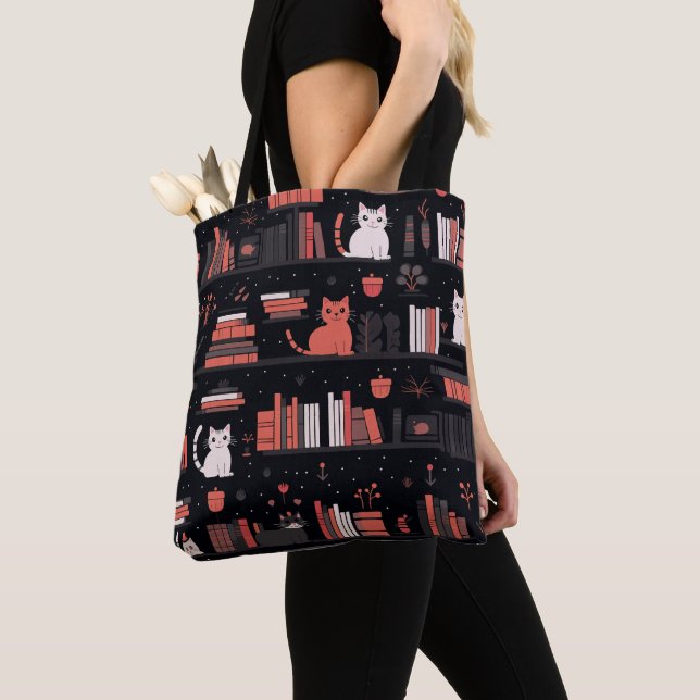 Cute Bookish Cats Books Pink Tote Bag (Close Up)
