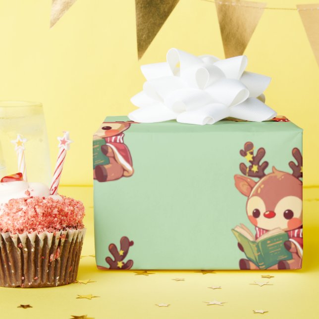 Cute bookish Reindeer Wrapping Paper (Birthday Party)