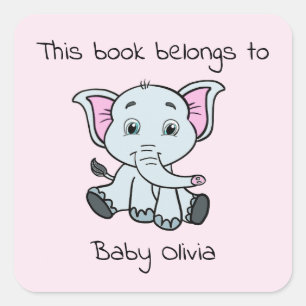 Cute Bookplate Pink Elephant Girl Baby Shower  Square Sticker