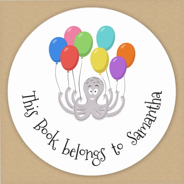 Cute Bookplate This Book Belongs To Funny Octopus Classic Round Sticker (Creator Uploaded)