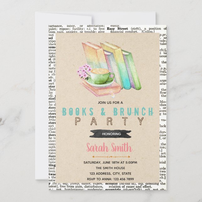 Cute books and brunch party invitation (Front)