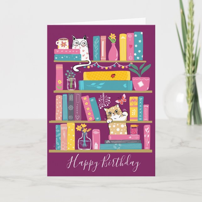 Cute Books & Cats Birthday Card –Cat Lover  (Front)