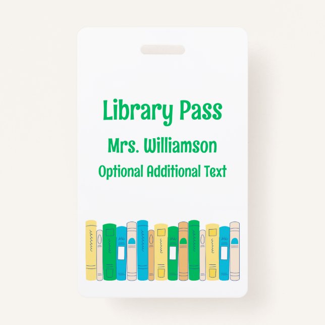 Cute Books School Library Hall Pass ID Badge (Front)
