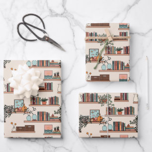Cute Bookshelf Pattern Wrapping Paper Sheet