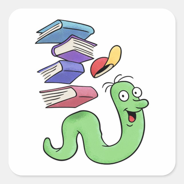 Cute Bookworm Carrying A Pile Of Books Square Sticker (Front)