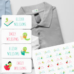 Cute Bookworm Colour Coded Kids Name Labels<br><div class="desc">Bookworm themed personalised kids name labels - waterproof clothing labels which you can customise with up to 4 different names - mix and match or colour code for your boys and/or girls. The stickers are decorated with cute school themed bookworms - perfect for nursery kindergarten elementary or primary school kids....</div>