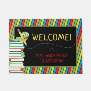 Cute Bookworm   Colourful Stripes Teacher Doormat