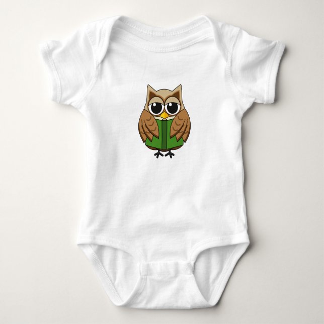 Cute Bookworm Owl Reading Book Cartoon Baby Bodysuit (Front)