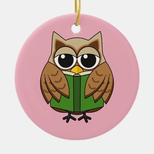 Cute Bookworm Owl Reading Book Cartoon Ceramic Ornament (Front)