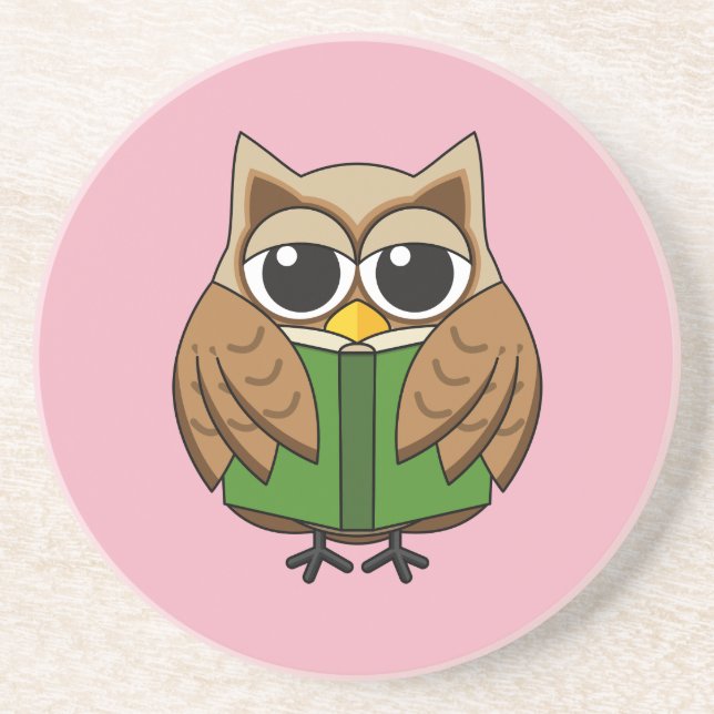 Cute Bookworm Owl Reading Book Cartoon Coaster (Front)
