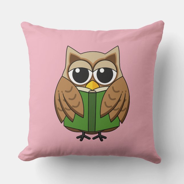 Cute Bookworm Owl Reading Book Cartoon Cushion (Front)
