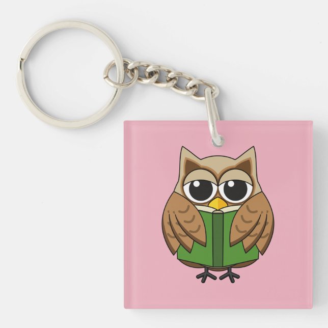 Cute Bookworm Owl Reading Book Cartoon Key Ring (Front)