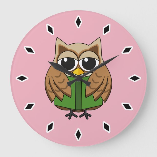 Cute Bookworm Owl Reading Book Cartoon Large Clock (Front)