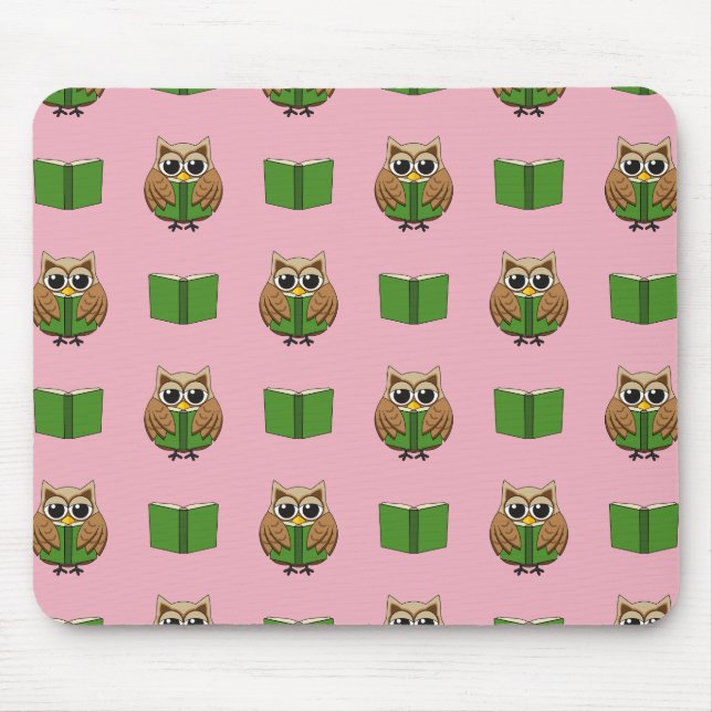 Cute Bookworm Owl Reading Book Cartoon Mouse Pad (Front)