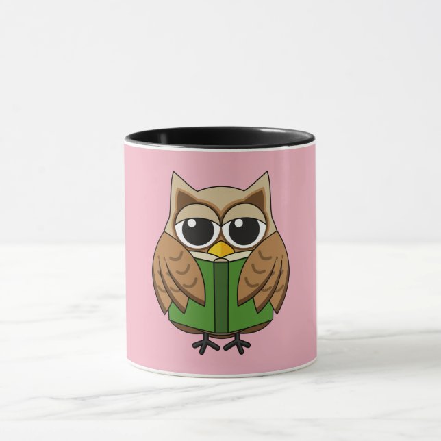 Cute Bookworm Owl Reading Book Cartoon Mug (Center)