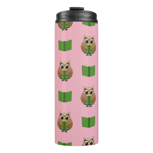Cute Bookworm Owl Reading Book Cartoon Thermal Tumbler (Front)