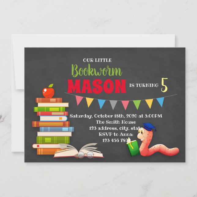 Cute bookworm party invitation (Front)