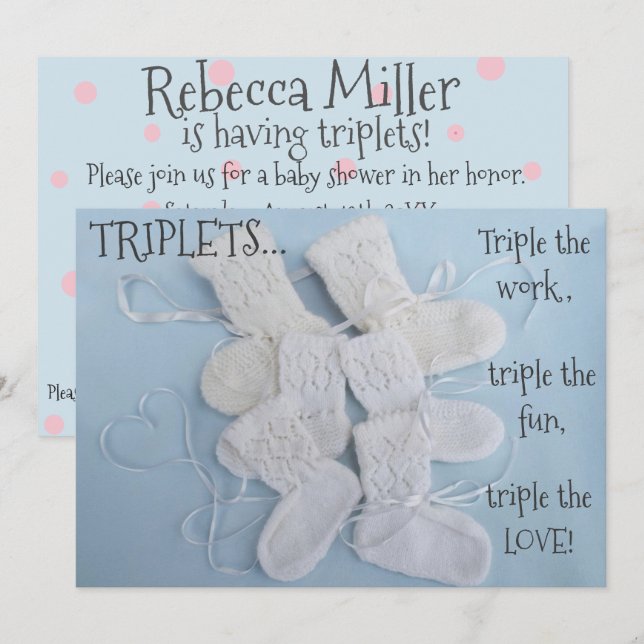 Cute booties with heart triplets baby shower invitation (Front/Back)