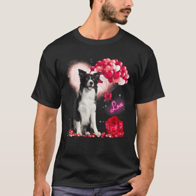Cute Border Collie Balloon Heart Valentine's Day V T-Shirt (Front)