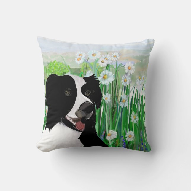 Cute, Border Collie Daisies Wall Art Poster Cushion (Front)