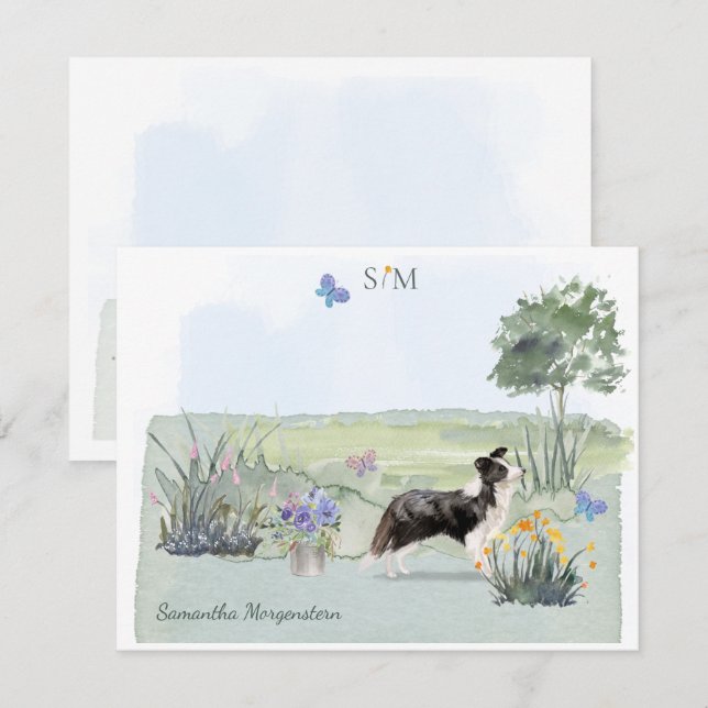 Cute Border Collie Dog Butterfly Monogram Name  Card (Front/Back)