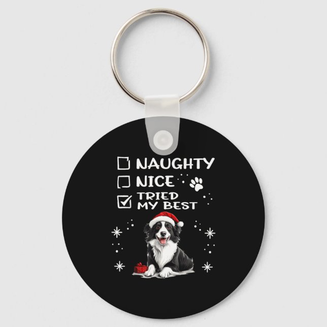 Cute Border Collie Dog Christmas Naughty Nice Trie Key Ring (Front)
