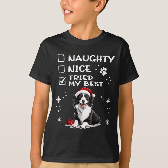 Cute Border Collie Dog Christmas Naughty Nice Trie T-Shirt (Front)