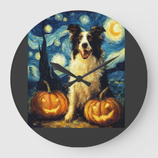 Cute Border Collie Dog Halloween Jack O Lantern Pu Large Clock
