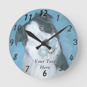 cute border collie dog with blue teddy bear round clock