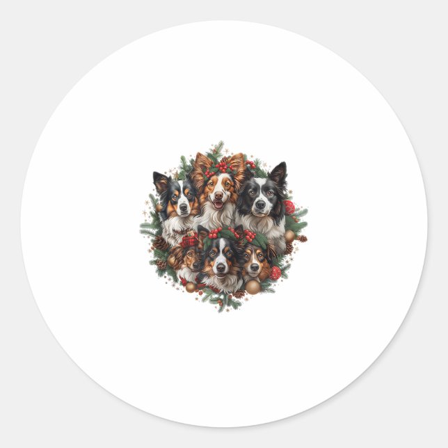 Cute Border Collie Dogs Christmas Wreath Holiday P Classic Round Sticker (Front)