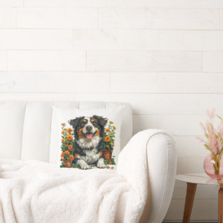 Cute Border Collie In Flowers Cushion