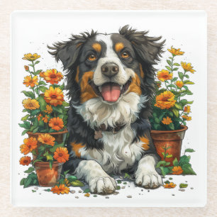 Cute Border Collie In Flowers Glass Coaster