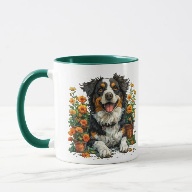 Cute Border Collie In Flowers Mug (Left)