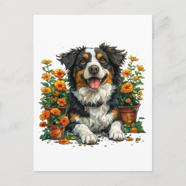 Cute Border Collie In Flowers Postcard (Front)