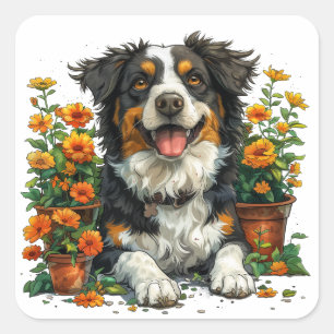 Cute Border Collie In Flowers Square Sticker
