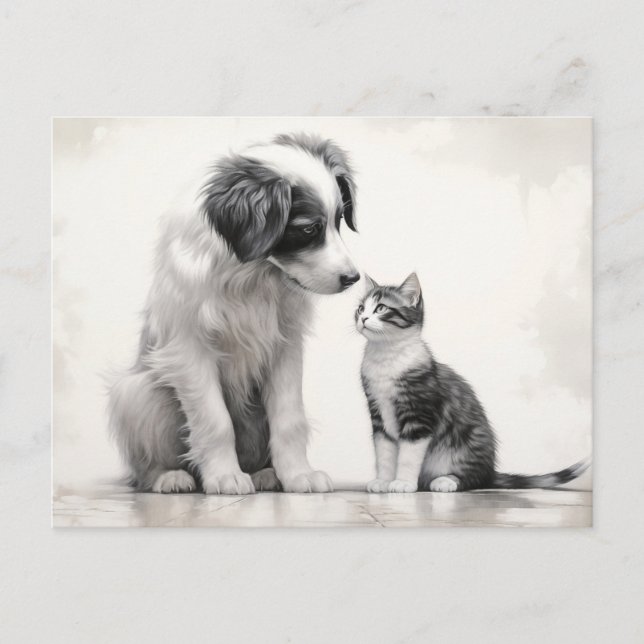 Cute Border Collie & Kitten Friendship Postcard (Front)