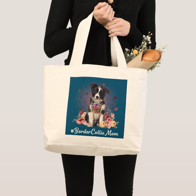 Cute Border Collie Mum Flower Happy Mother's Day Large Tote Bag (Front (Product))